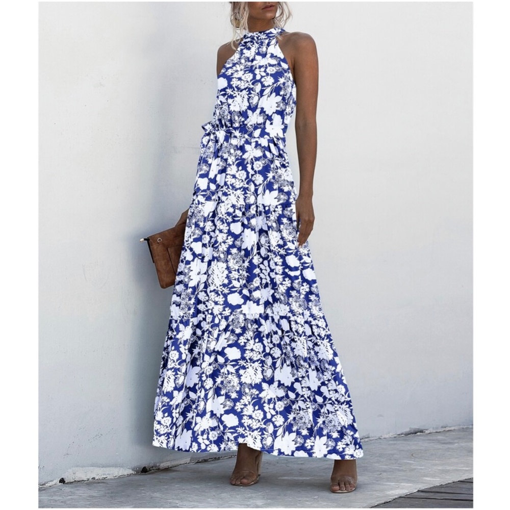Boho Blue White Floral Print Halter Ruffle Maxi Dress - Picture 1 of 13